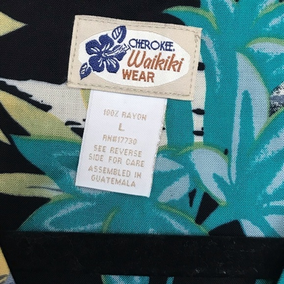 Cherokee Waikiki Wear Black Tropical Print Short Sleeve Aloha Shirt NWT Large - Picture 7 of 9